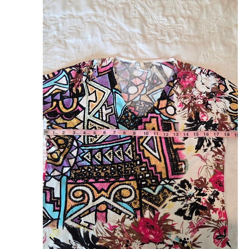 Alberto Makali XL Womens V-Neck 3/4 Sleeve Sequin Geometric Floral Maximalist - Picture 2 of 9